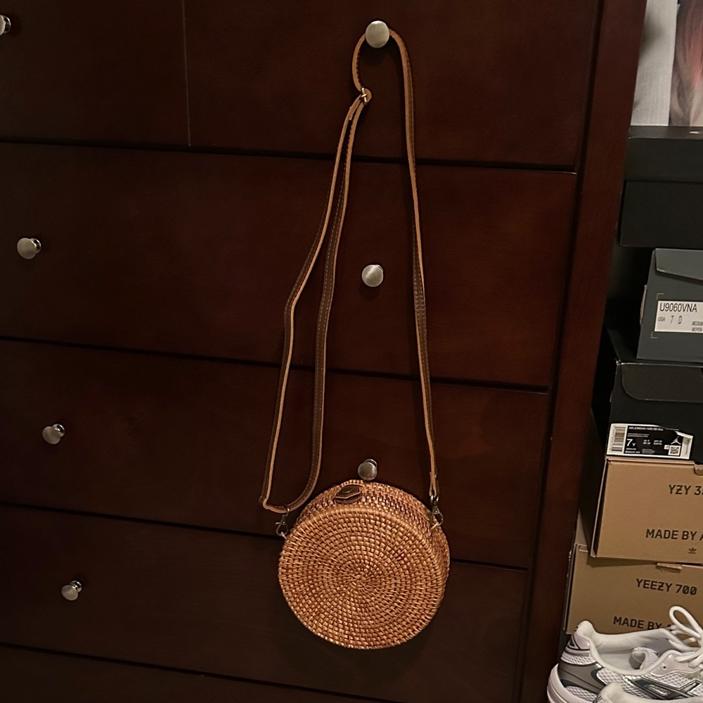 Round Tan Woven Crossbody Bag